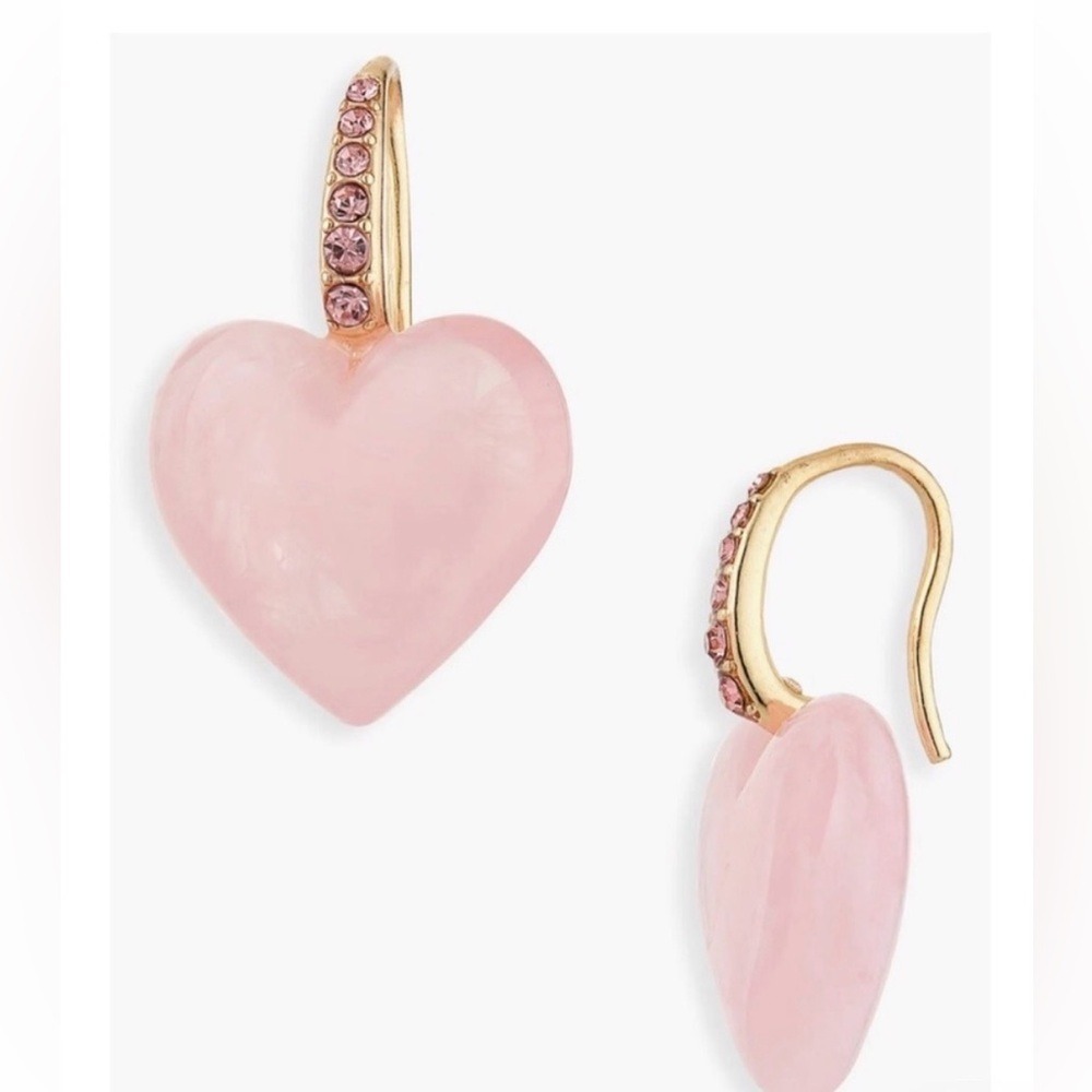BaubleBar Hearts On Display Pink Resin Heart Gold Crystal Huggie‎ Hoop Earrings